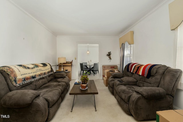 living room featuring crown molding and light carpet