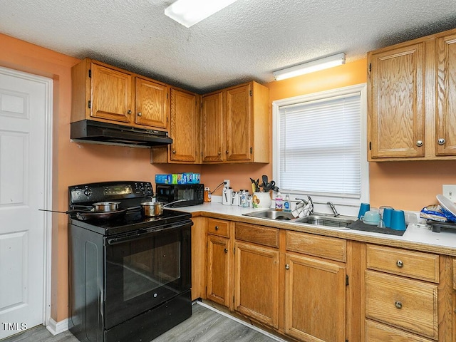 kitchen with light hardwood / wood-style floors, sink, a textured ceiling, and black appliances