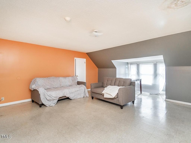 living room with vaulted ceiling and a textured ceiling