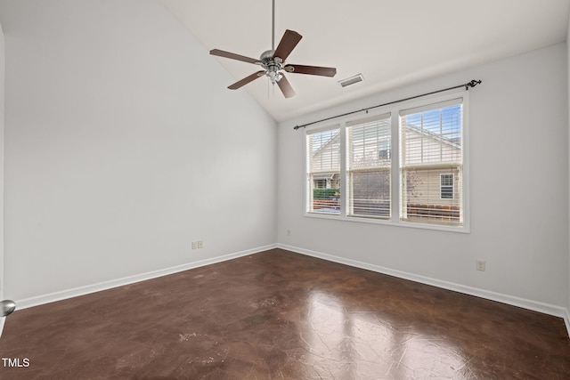 spare room with lofted ceiling and ceiling fan