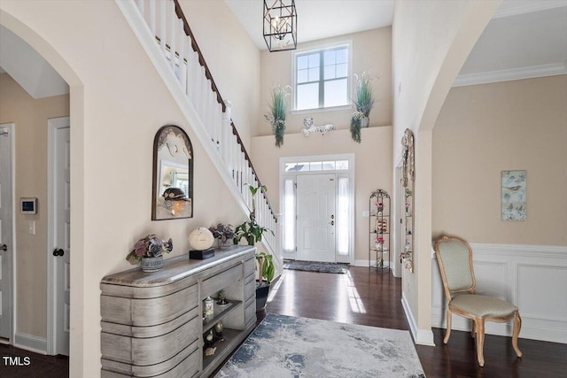 foyer featuring a towering ceiling and dark hardwood / wood-style floors