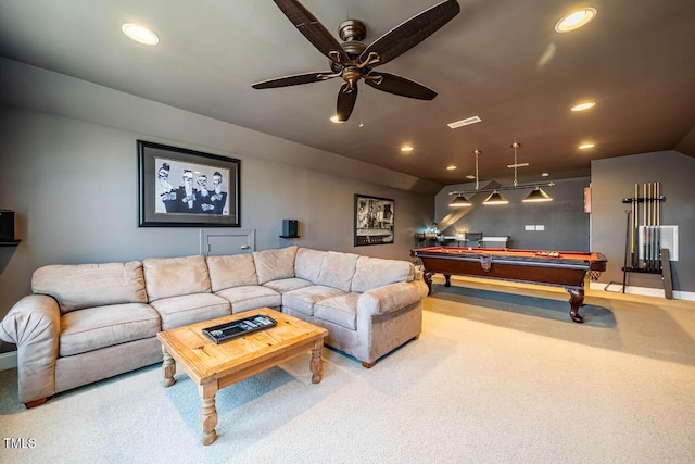 carpeted living room featuring ceiling fan and billiards