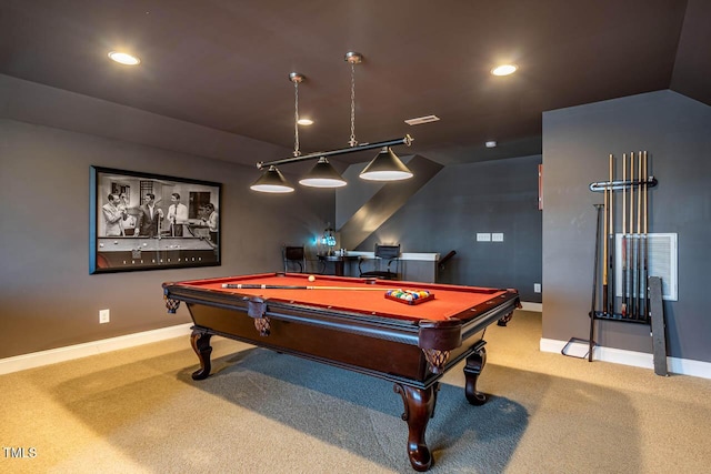 playroom with pool table and carpet