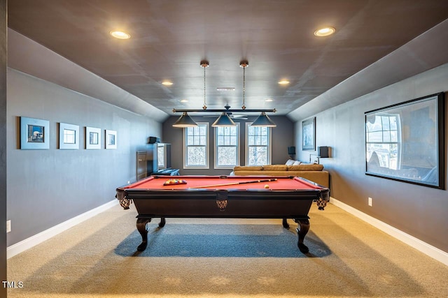 recreation room featuring billiards, carpet flooring, and vaulted ceiling