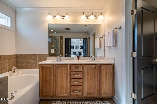 bathroom with crown molding, vanity, and plus walk in shower