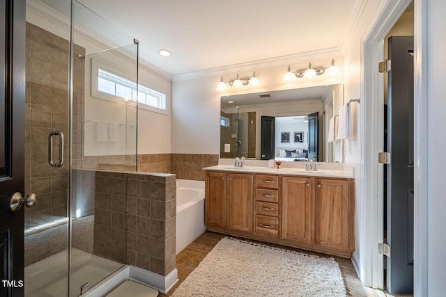 bathroom featuring independent shower and bath, crown molding, tile patterned flooring, and vanity