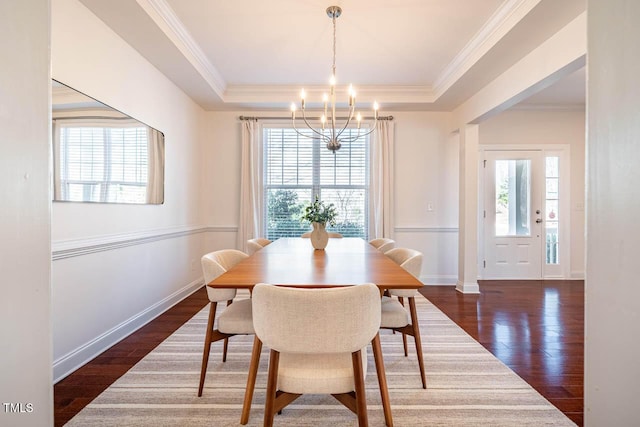 dining area with a healthy amount of sunlight, dark hardwood / wood-style floors, and a tray ceiling