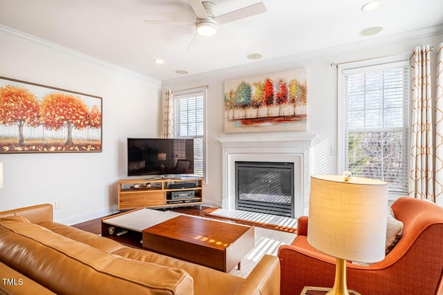 living room featuring ornamental molding, wood-type flooring, and ceiling fan