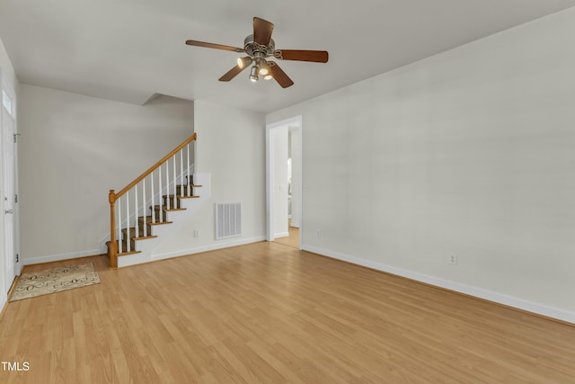 unfurnished living room with ceiling fan and light wood-type flooring