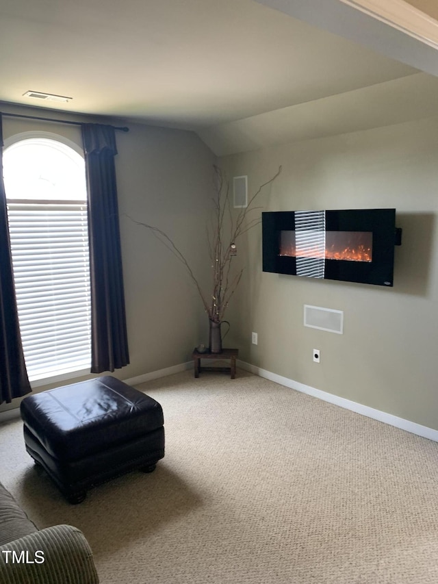 unfurnished room with lofted ceiling and carpet floors