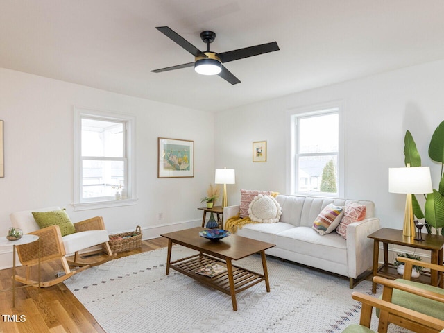 living room featuring ceiling fan, plenty of natural light, and light wood-type flooring