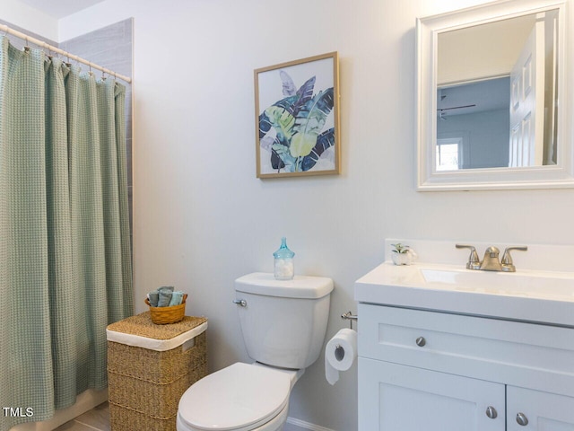 bathroom featuring vanity, toilet, and a shower with shower curtain