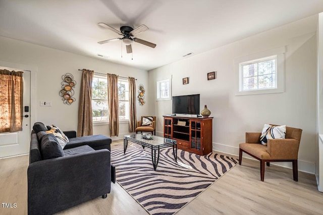 living room with ceiling fan and light hardwood / wood-style floors