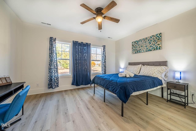 bedroom featuring ceiling fan and light wood-type flooring