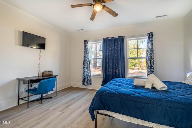 bedroom featuring ceiling fan and light hardwood / wood-style floors