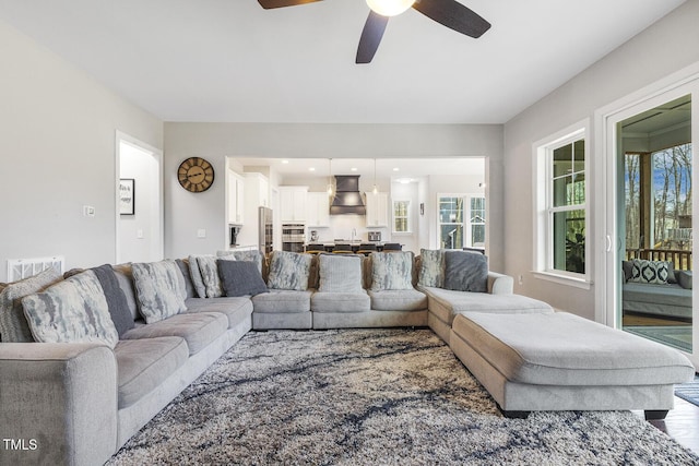 living room with wood-type flooring and ceiling fan