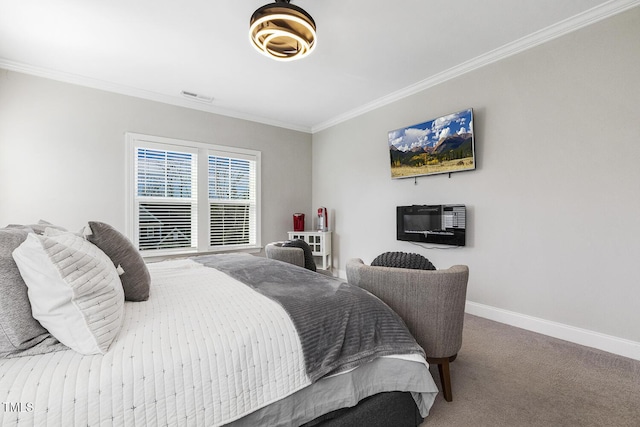 carpeted bedroom with crown molding