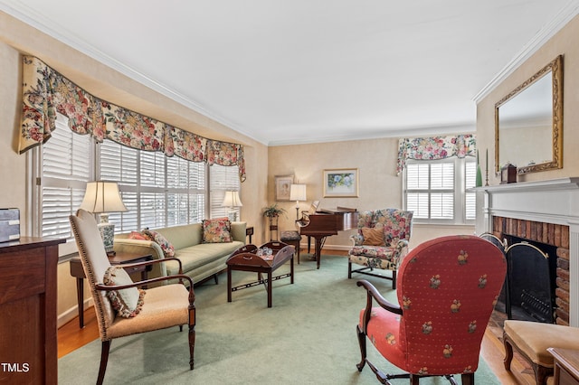 living room featuring crown molding and a fireplace