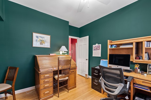 office area featuring ceiling fan and light hardwood / wood-style floors