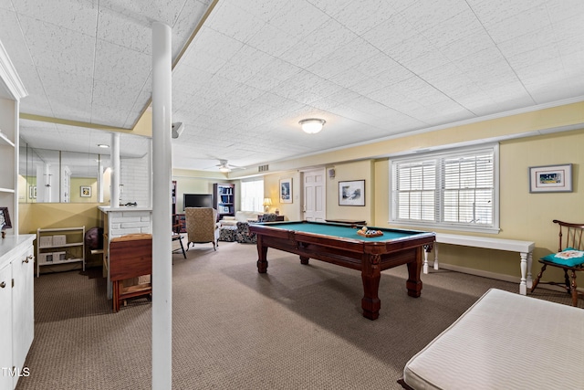 rec room with carpet, ceiling fan, and billiards