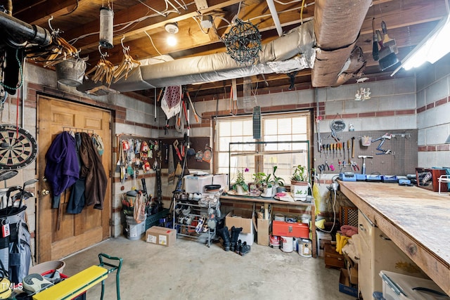 basement with a workshop area