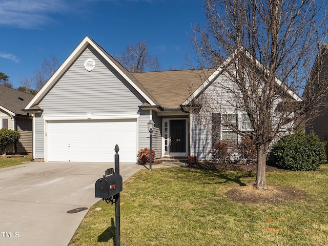 single story home with a garage and a front yard