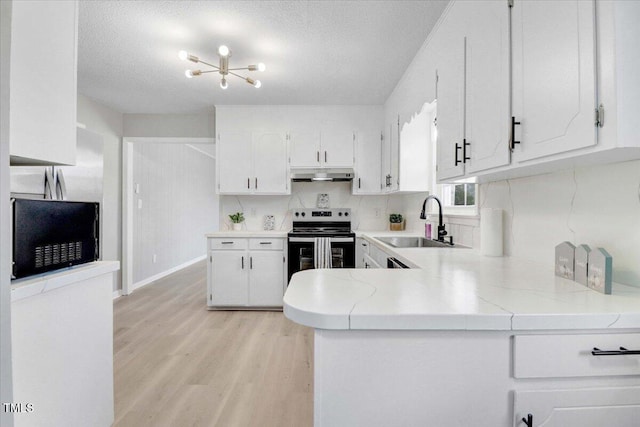 kitchen with sink, stainless steel electric range, white cabinetry, kitchen peninsula, and light wood-type flooring