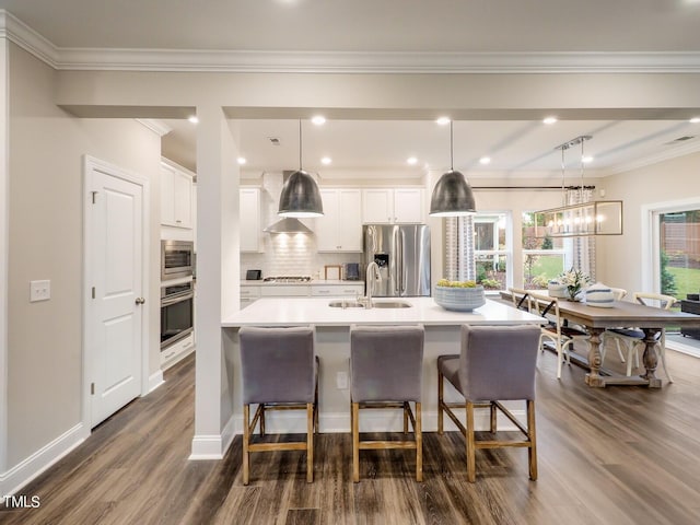 kitchen featuring white cabinetry, hanging light fixtures, a large island with sink, and appliances with stainless steel finishes