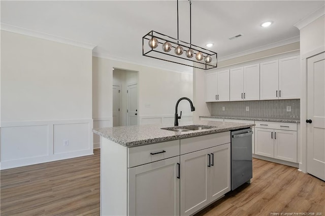 4921 High Branch Ct, Stedman, NC 28391 - kitchen featuring stainless steel dishwasher, visible vents, ornamental molding, and a sink