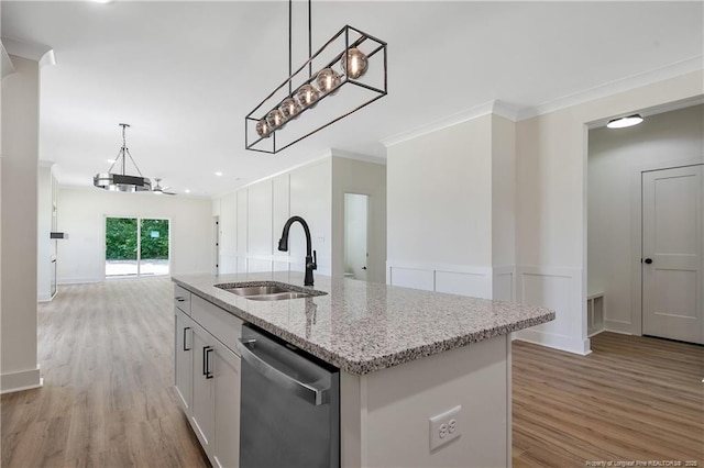 4921 High Branch Ct, Stedman, NC 28391 - kitchen featuring stainless steel dishwasher, light wood-style flooring, ornamental molding, and a sink