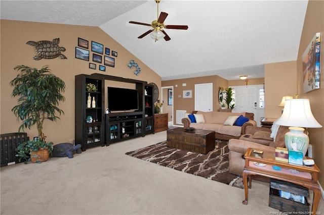 living room with carpet, high vaulted ceiling, and ceiling fan