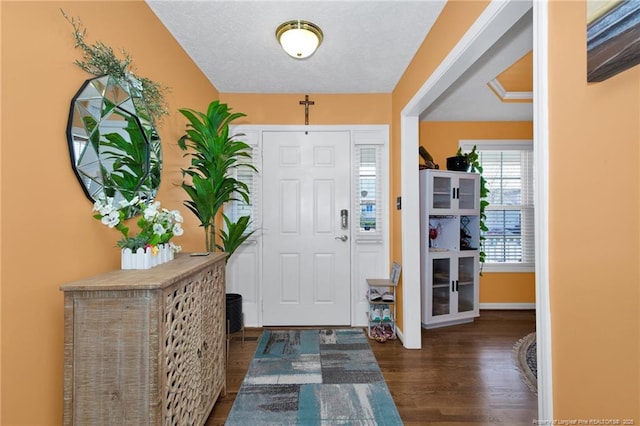 foyer entrance with dark wood-type flooring and a textured ceiling