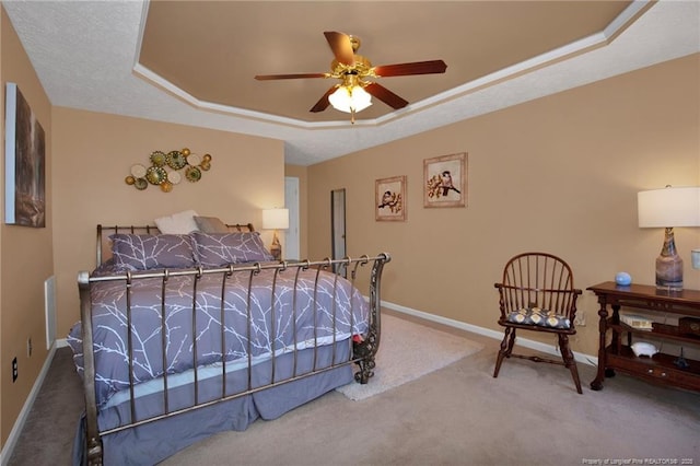 carpeted bedroom featuring a tray ceiling