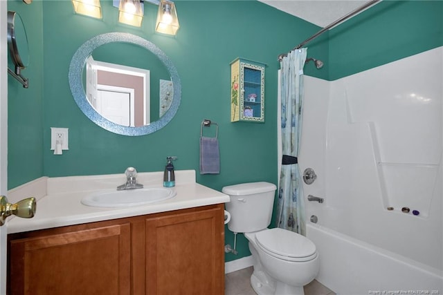 full bathroom featuring vanity, shower / tub combo with curtain, tile patterned floors, and toilet