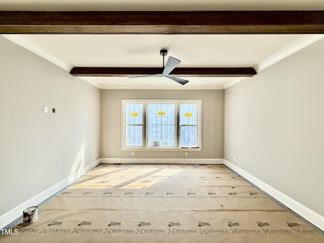 empty room with beamed ceiling, a ceiling fan, baseboards, and ornamental molding