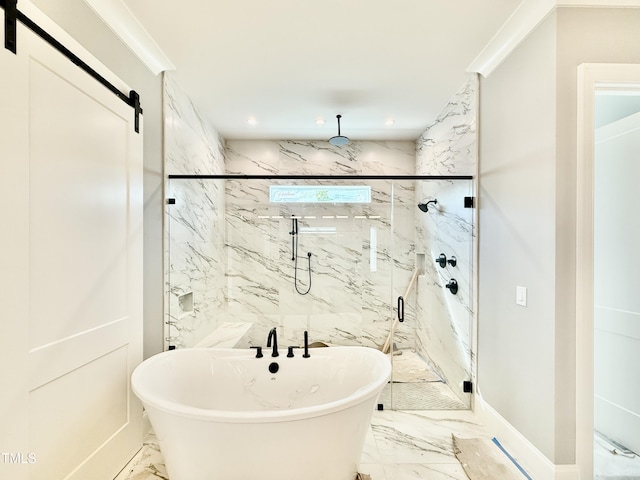 bathroom with a soaking tub, marble finish floor, recessed lighting, and a marble finish shower