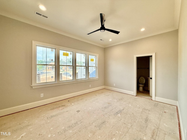 empty room with crown molding, ceiling fan, baseboards, visible vents, and recessed lighting