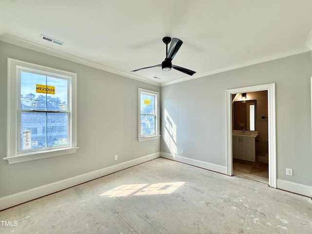 unfurnished bedroom with baseboards, visible vents, a ceiling fan, ensuite bath, and ornamental molding