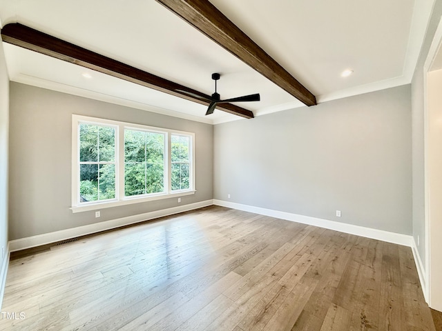 5820 Shawood Dr, Raleigh, NC 27609 - spare room featuring beam ceiling, ceiling fan, baseboards, wood-type flooring, and recessed lighting