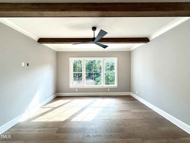 5820 Shawood Dr, Raleigh, NC 27609 - unfurnished room featuring ceiling fan, beamed ceiling, crown molding, baseboards, and wood finished floors