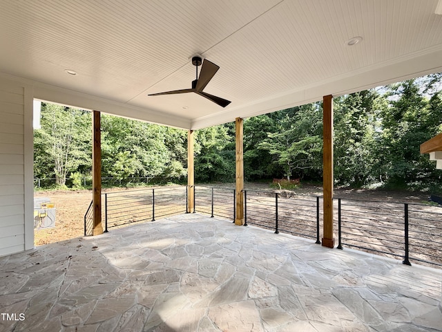 5820 Shawood Dr, Raleigh, NC 27609 - view of patio / terrace with ceiling fan, fence, and view of scattered trees