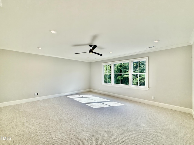 5820 Shawood Dr, Raleigh, NC 27609 - carpeted empty room with ornamental molding, a ceiling fan, baseboards, and recessed lighting