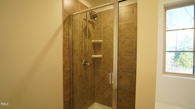 bathroom featuring a shower with shower door