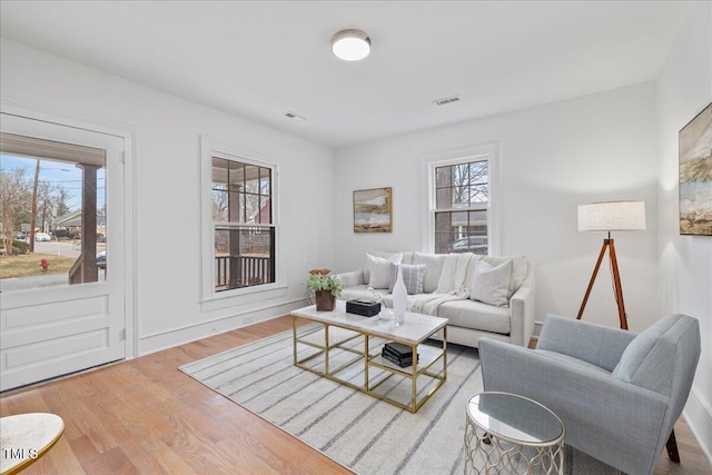 living room with wood-type flooring and a healthy amount of sunlight