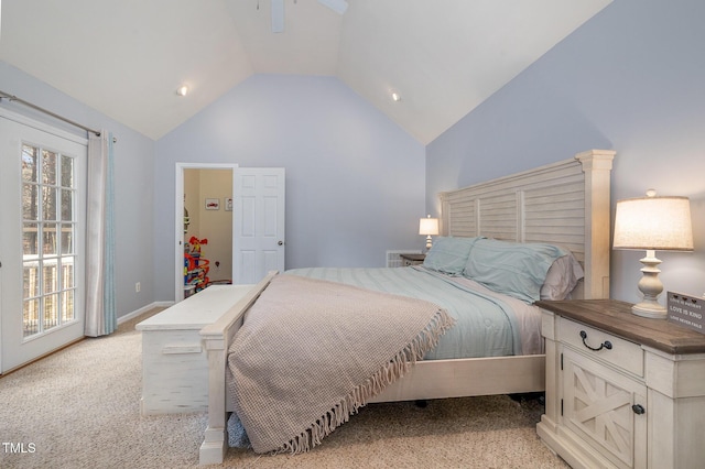 bedroom with light carpet, access to exterior, and high vaulted ceiling