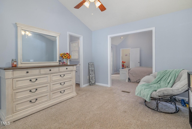 living area featuring lofted ceiling, light carpet, and ceiling fan