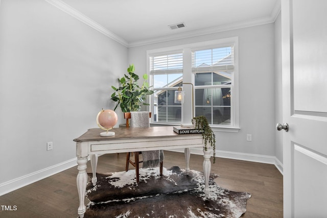 home office featuring crown molding and dark hardwood / wood-style flooring