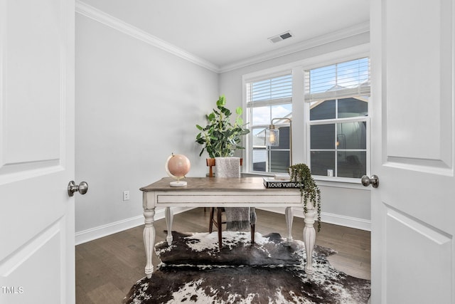 office with crown molding and wood-type flooring