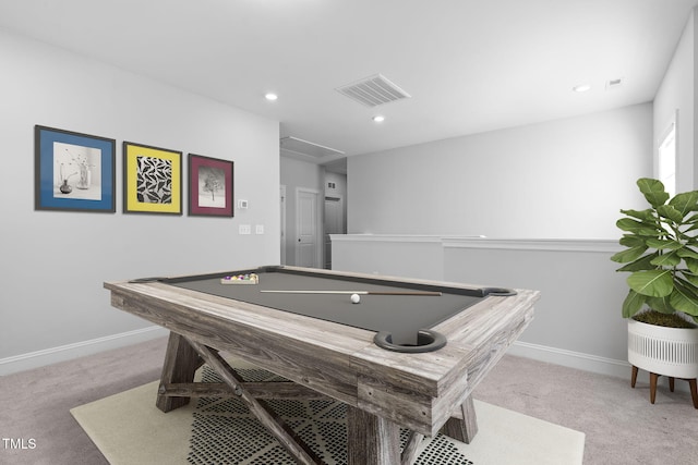 recreation room with billiards and light carpet