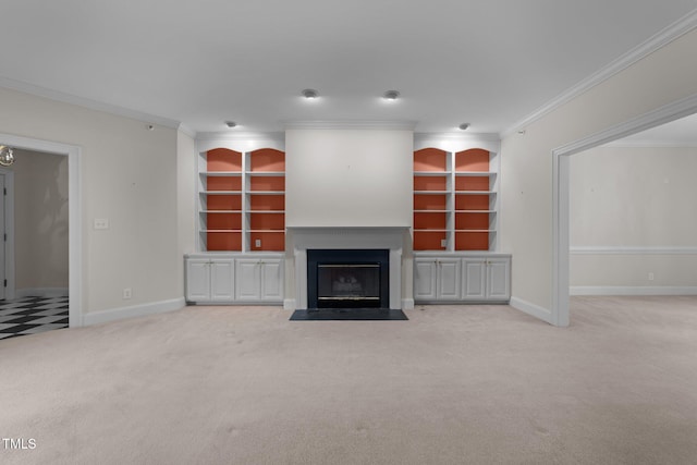 unfurnished living room featuring crown molding and light colored carpet